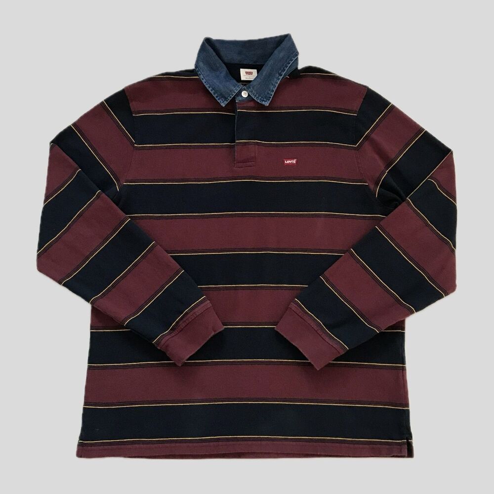 Levis Blue Red Striped Long Sleeve Cotton Preppy Rugby Shirt Mens Size L